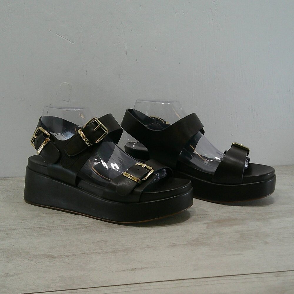 J/Slides Brooke Brown Leather Platform Wedge Sandals Gold Buckles Women's Sz 11
